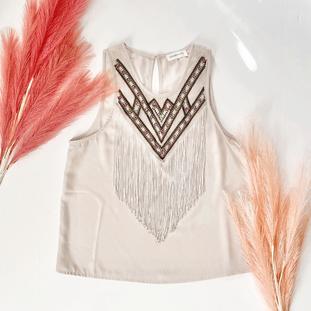 Sugarlips boho style fringe satin tank top medium